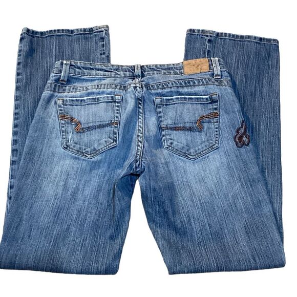 American Eagle AEO Med Wash Embroidered Distressed Stretch Boot Denim Jeans Size - Picture 3 of 12